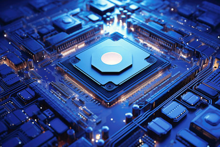 A powerful computer processor or chip on a motherboard. modern technologies. blue backgroundの素材
