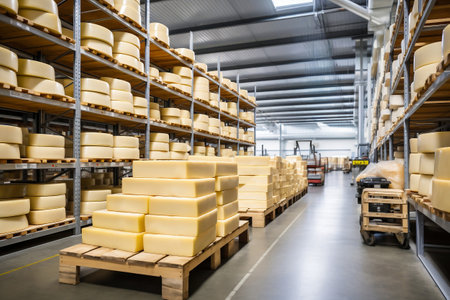 A large production room filled with many racks and shelves with different types of cheese. The cheese matures in a special room at the factory. Cheese production and storageの素材