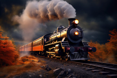 A painting of a train on a train track. The steam locomotive moves at sunset in the red rays of the sun along the railroad tracks. Puffs of smoke from the chimney of a retro trainの素材