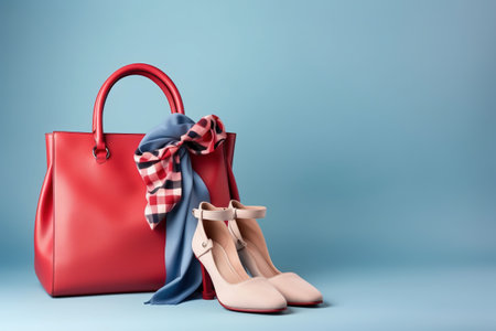 Women's bag, shoes and neckerchief. Fashionable women's things and accessories. Stylish red women's bag and shoes. Elegant women's clothesの素材