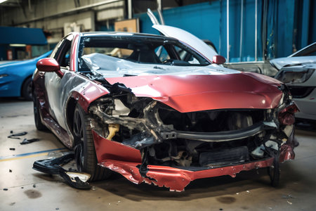 Car destroyed after an accident. Car accident on the street, damaged car after collision. Violation of traffic rules. Serious car accident. Road traffic accidentの素材