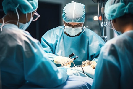 Photo of surgeons performing a complex surgery in a modern operating room. A group of surgeons performing surgery on a patientの素材