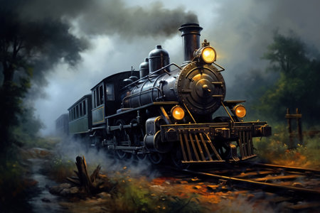 A train traveling down train tracks next to a lush green field. Smoke from the chimney of a retro trainの素材