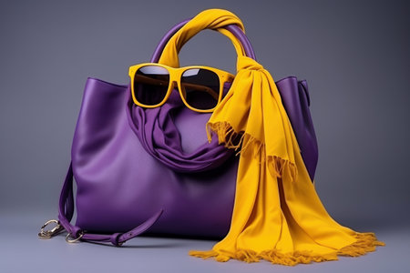 Women's bag and neckerchief. Fashionable women's things and accessories. Stylish purple women's bag and yellow cravats. Elegant women's clothesの素材