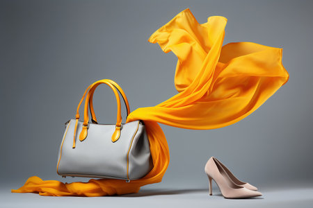Women's bag shoes and neckerchief in the air. Fashionable women's things and accessories. Stylish gray women's bag and shoesの素材