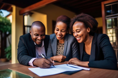 The African American family enters into a lease or purchase agreement for real estate. Business meeting when renting and buying a house, apartment. Mortgage. Affordable housingの素材