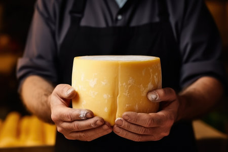 A person holding a large piece of cheese in their handsの素材