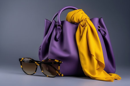 Women's bag and neckerchief. Fashionable women's things and accessories. Stylish purple women's bag and yellow cravats. Elegant women's clothesの素材