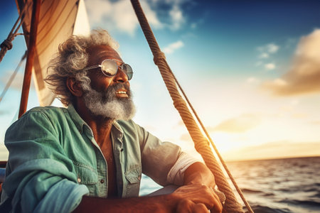 An elderly gray-haired man sits on a boat or yacht in the ocean. Looking into the distance at the waves. An old man's sea voyageの素材