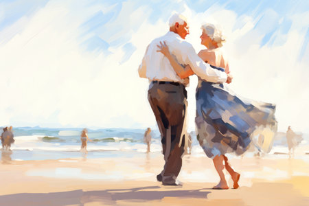 An elderly couple in love, a man and a woman, are dancing on the beach by the sea. They look at each other with a loving gaze. Seniors dating. Relationships in old age. Love and romanceの素材