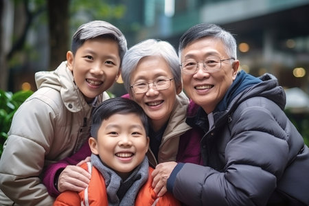 Big Asian family together. Family photo of joyful children and old people. Children and grandchildren visit elderly parents. Family traditions. Friendly familyの素材