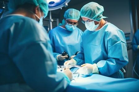 Photo of surgeons performing a complex surgery in a modern operating room. A group of surgeons performing surgery on a patientの素材