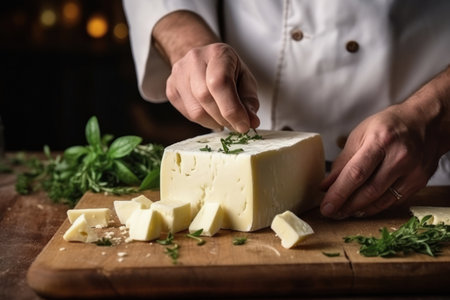A person cutting cheese on a cutting board. Farmer or chef makes cheese sliceの素材