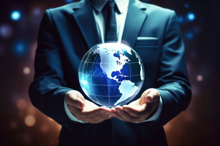 A man in a suit holding a glass globe in his handsの素材