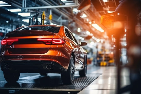 Assembly line for the production of modern cars. The final stage of assembly and testing during production. Quality control. Automated assembly. Modern technologiesの素材
