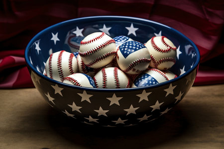 A bowl filled with baseballs sitting on top of a tableの素材