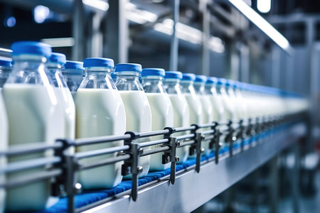 Conveyor for bottling milk into bottles at a modern dairy plant. Line for bottling and packaging of dairy products. Industrial equipment. Fresh milkの素材