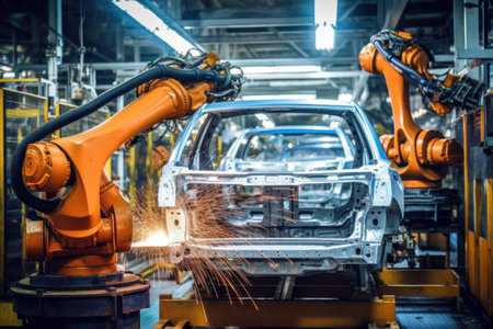 Assembly line for the production of modern cars. Robots weld a car body on a conveyor belt. Automated assembly. Modern technologiesの素材