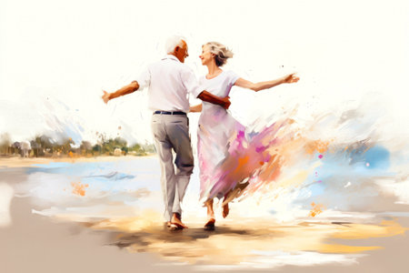 An elderly couple in love, a man and a woman, are dancing on the beach by the sea. They look at each other with a loving gaze. Seniors dating. Relationships in old age. Love and romanceの素材