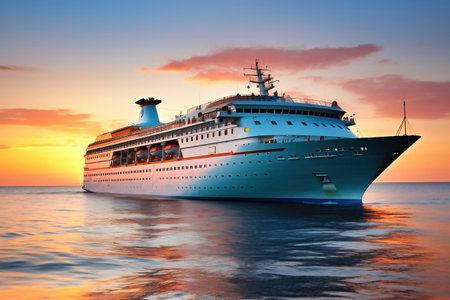 A huge cruise line travels across the sea. sea travel vacation. Seascape overlooking a cruise liner. Passenger liner on the high seas. Tourist travel in the oceanの素材