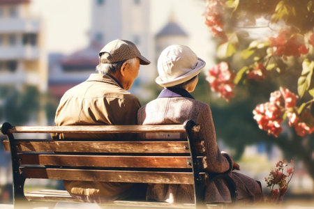 An elderly couple of oriental appearance, Asians, a man and a woman, a bench in the park. Enjoy life. Date. Elderly Asian old people. Relationships in old age. Love and romanceの素材