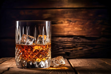 Whiskey drinks. You need to drink whiskey with ice then the whiskey tastes better of an oak barrel. Alcoholic drink with ice whiskey or cognac close-up on the background of an oak barrel for agingの素材