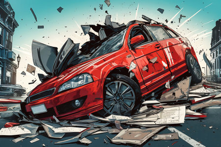 The car get damaged in an accident on the road. Broken car after a collision. Serious car accident. Road traffic accidentの素材