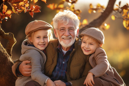 Meeting of grandfather and grandchildren. An elderly man and his grandchildren are happy together. They hug and rejoice at meeting each other. Caring for the elderly. Children visit old peopleの素材
