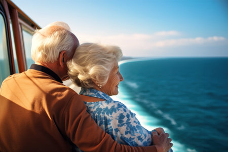 An elderly couple on the deck of a ship or liner against the backdrop of the sea. Happy and smiling people. Travel on a sea liner. Sea voyage, active recreation. Love and romance of older peopleの素材