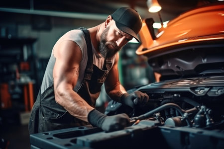 A mechanic in a workshop diagnoses and repairs the engine and car systems. Car repair and diagnostics in the garage. Modern car service. Brutal worker mechanicの素材