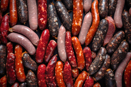 Lots of different sausages and sausages. Background from different varieties of sausage. A variety of meat products. Home productionの素材