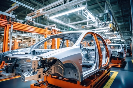 Car production line. Assembling a car on a conveyor belt. Close-up of a car body. Automotive industry Interior of a high-tech factory, modern productionの素材