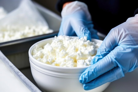 A person in gloves and gloves is putting cottage cheese in a bowl. Preparation of cottage cheese for cheese production. Handmade.の素材