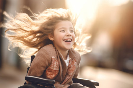 A disabled girl in a wheelchair enjoys life and the wind, her hair flutters in the wind. Speed up and move. Thirst for life and successの素材