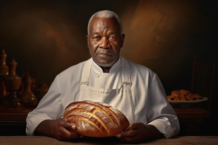 An elderly dark-skinned male baker holds freshly baked bread in his hands. Baker in a private bakery. Bread production at home or in a small enterprise. Small businessの素材
