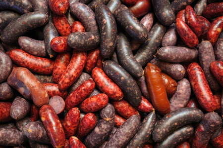 Lots of different sausages and sausages. Background from different varieties of sausage. A variety of meat products. Home productionの素材