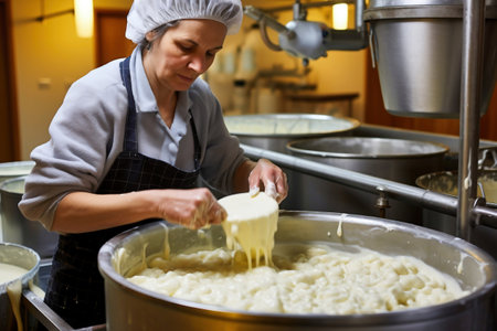 A woman in a chef's hat is making mashed potatoes. Industrial cheese production plant. Modern technologies. Production of different types of cheese at the factory.の素材