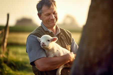A farmer holds a newborn calf in his arms. Animal husbandry and agriculture. The birth of a calf on a small farm. Cattle breeding. Livestock farming in rural areasの素材