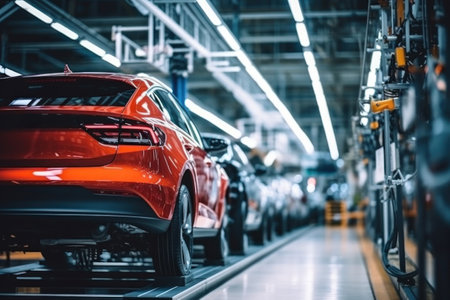 Assembly line for the production of modern cars. The final stage of assembly and testing during production. Quality control. Automated assembly. Modern technologiesの素材