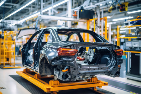 Car production line. Assembling a car on a conveyor belt. Close-up of a car body. Automotive industry Interior of a high-tech factory, modern productionの素材