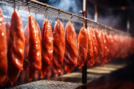 A bunch of meat hanging from a line. Industrial smoking of sausages and meat products. Farm sausage production.の素材