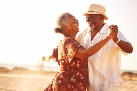 An elderly dark-skinned couple in love, a man and a woman, are dancing on the beach by the sea. They look at each other with a loving gaze. A date on a deserted beach. Relationships in old age. Love and romanceの素材