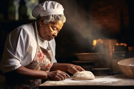 An elderly dark-skinned woman prepares bread dough in the kitchen. Grandmother kneads dough for baking. Homemade bread production. Fresh bakeryの素材
