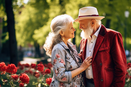 An elderly couple, a man and a woman, hugging in an autumn park. They look at each other with a loving gaze. Old people on a walk. Relationships in old age. Love and romanceの素材