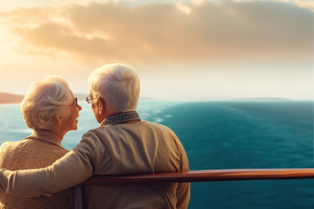 An elderly couple on the deck of a ship or liner against the backdrop of the sea. Happy and smiling people. Travel on a sea liner. Sea voyage, active recreation.の素材