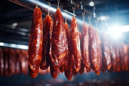 A bunch of meat hanging from a line. Industrial smoking of sausages and meat products. Farm sausage production.の素材