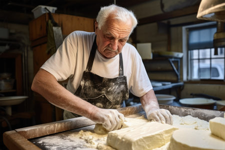 A man in an apron is making cheese. An elderly cheese farmer makes homemade cheese. Private cheese production.の素材