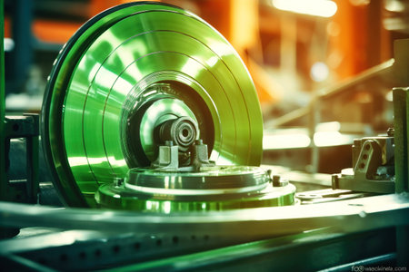 A close up of a machine cutting a piece of metal. Modern metal processing at an industrial enterprise. Manufacturing of high-precision parts and mechanisms.の素材