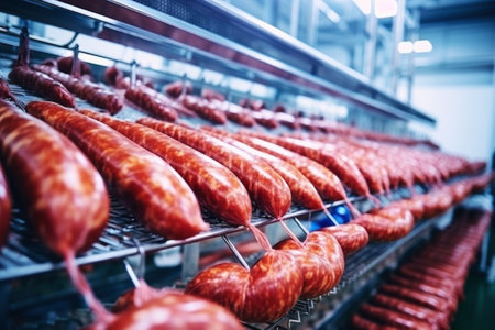 A row of sausages hanging from a rack. Industrial line at a factory for smoking sausages and meat. Sausage hung in a smokehouse. flavorful sausages.の素材
