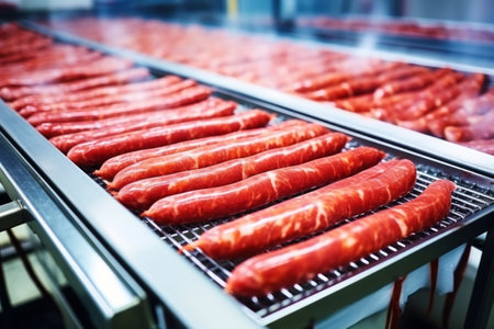 A line of hot dogs on a conveyor belt. industrial production of sausage and meat in a modern plant. Smoking of sausages and meat products.の素材